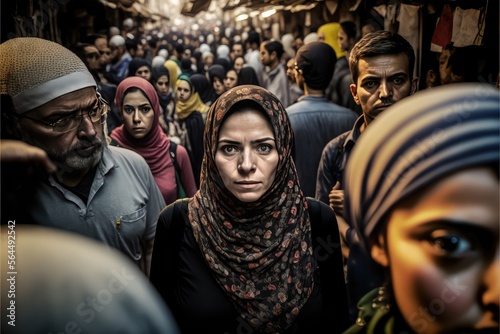 Muslim woman at a middle eastern city street market looking at the camera. generative AI photo