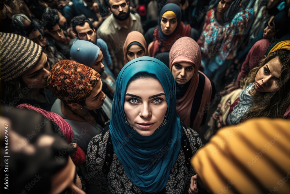 Fototapeta premium Muslim woman at a middle eastern city street market looking at the camera. generative AI