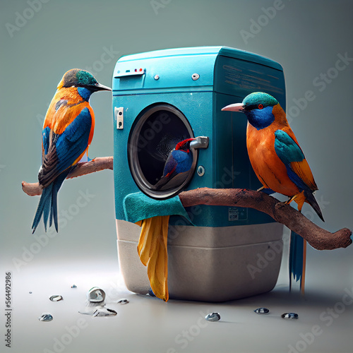 Birds doing laundry in a laundromat photo