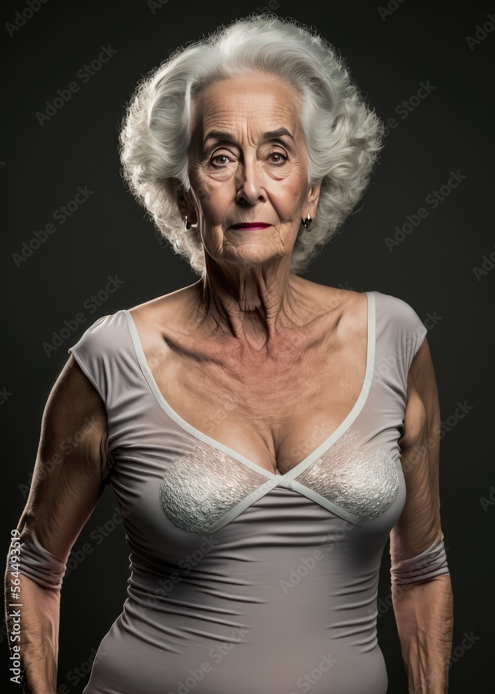 Ilustração do Stock: Old lady posing in fine silk lingerie. generative AI