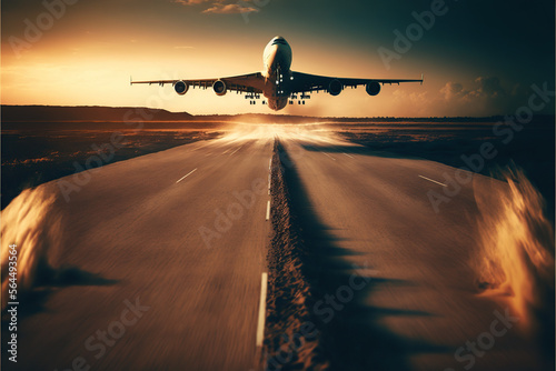 Airplane landing at sunset, Passenger plane is landing during a wonderful sunrise. Generative AI illustration.