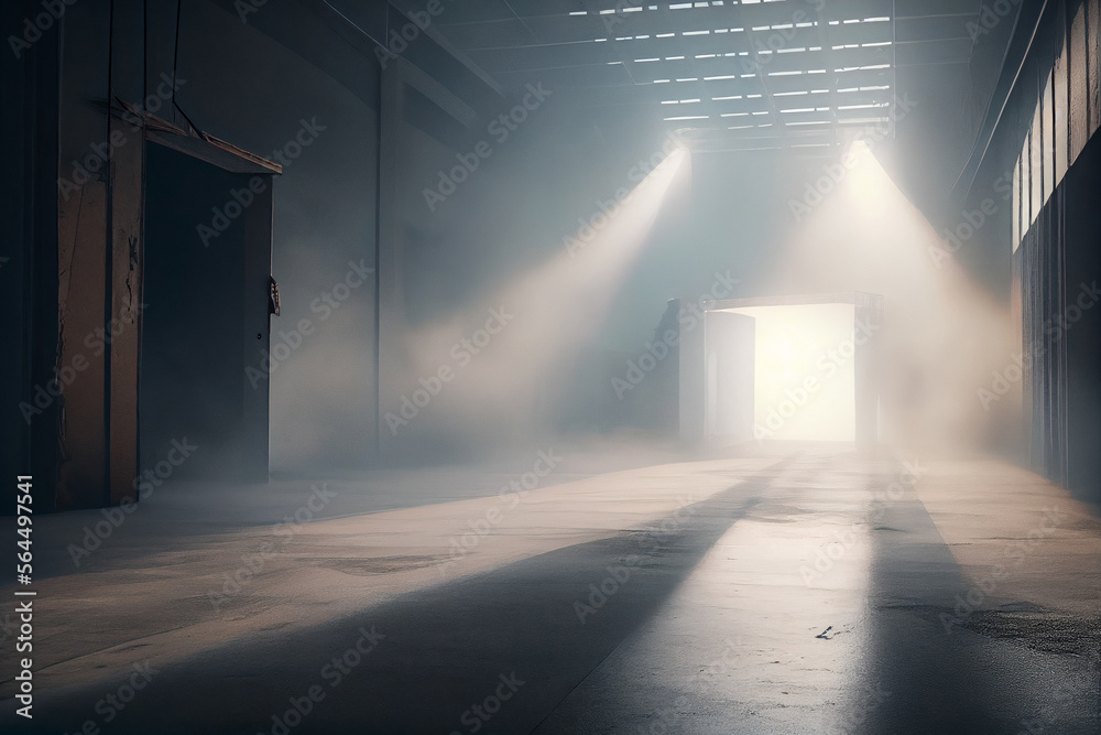 an empty room filled with smoke and light is breaking through the fog