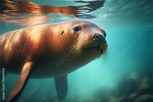 Side view of puppy sea lion underwater. Generative AI illustration.