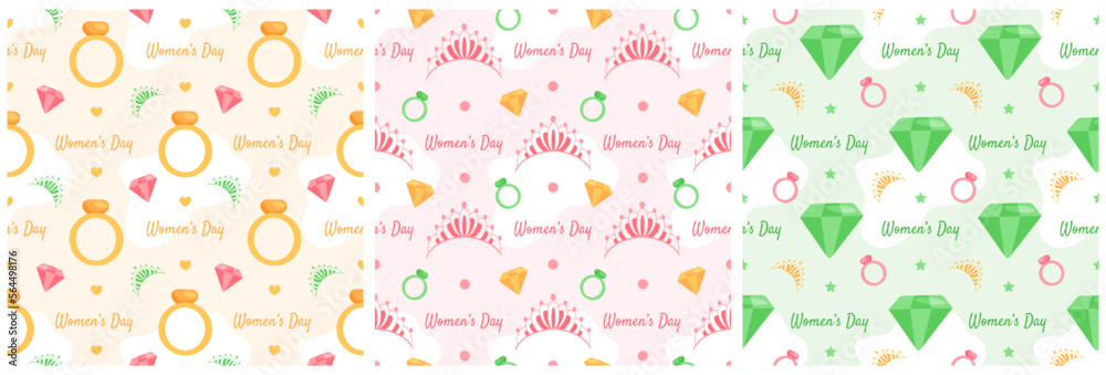 Set of Women Day Seamless Pattern Design with Girl Ornament in Template Hand Drawn Cartoon Flat Illustration Set of Women Day Seamless Pattern Design with Girl Ornament in Template Hand Drawn Cartoon Flat Illustration