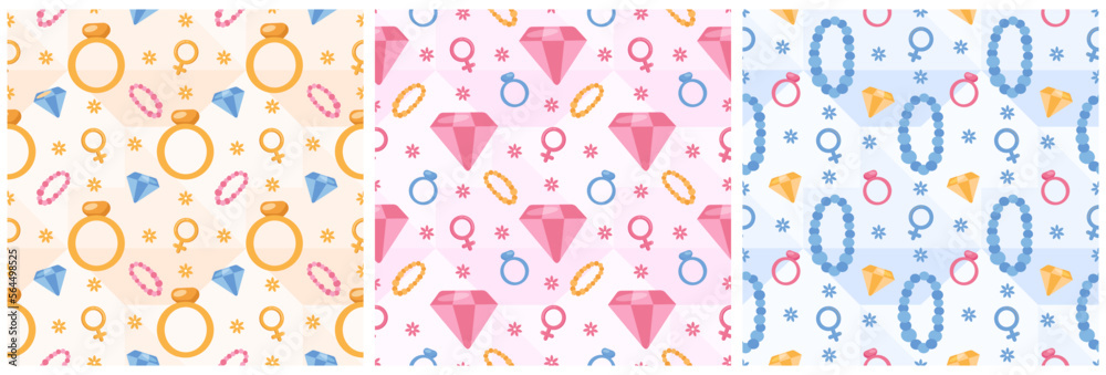 Set of Women Day Seamless Pattern Design with Girl Ornament in Template Hand Drawn Cartoon Flat Illustration Set of Women Day Seamless Pattern Design with Girl Ornament in Template Hand Drawn Cartoon Flat Illustration