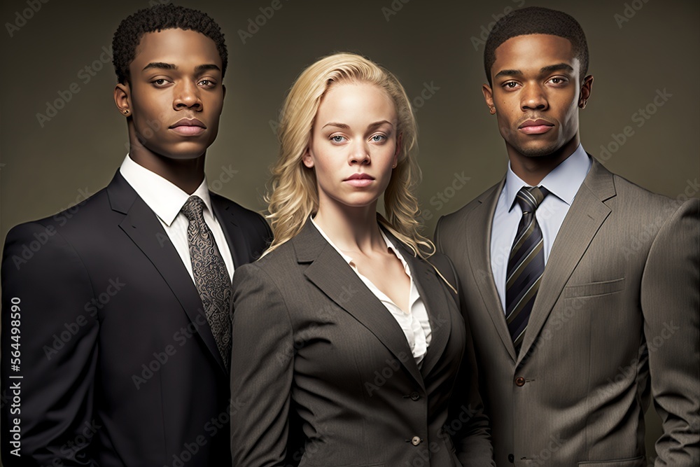 Multiracial business people, standing in front of camera. Generative IA illustration. Multiracial business people, standing in front of camera. Generative IA illustration.