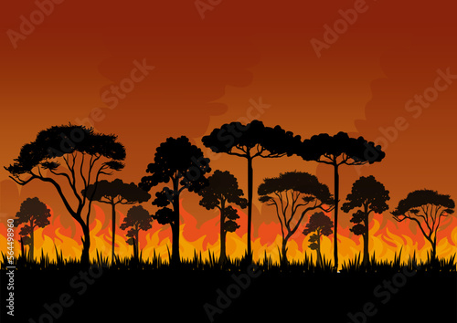 A forest fire and burning trees on orange silhouette background, vector illustration.