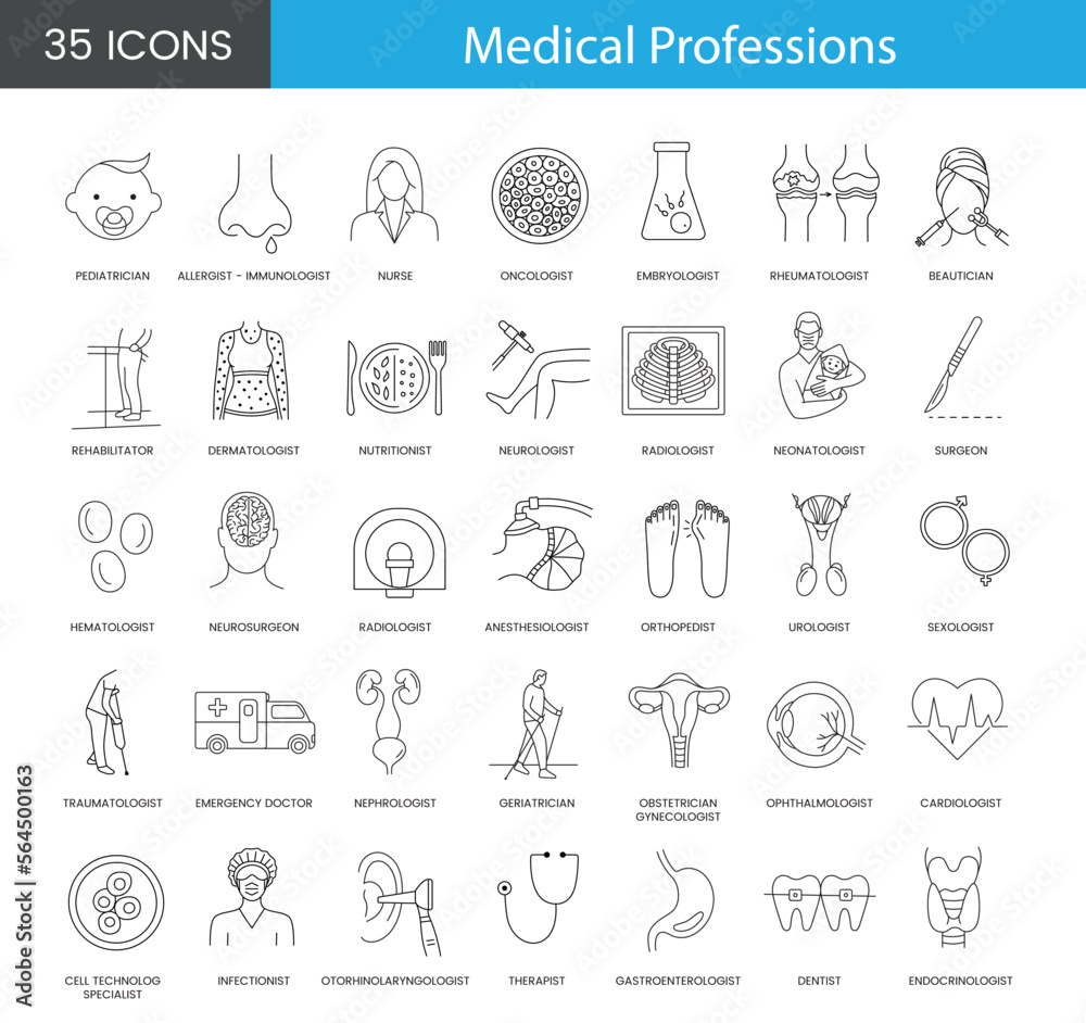 Naklejka premium Medical Professions set of line icons in vector includes nephrologist and neonatologist, neurosurgeon and neurologist, urologist and anesthesiologist, sexologist and gastroenterologist.