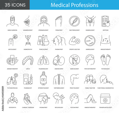 Professions in medicine a set of line icons in vector includes cardiac surgeon and andrologist, podiatrist and bacteriologist, pathologist and phoniatrist, reflexology and pulmonology, mammologist.