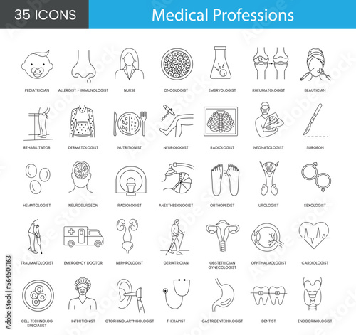 Medical Professions set of line icons in vector includes nephrologist and neonatologist, neurosurgeon and neurologist, urologist and anesthesiologist, sexologist and gastroenterologist. photo