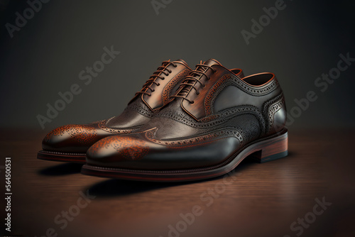 Leather upper formal male shoes, realistic 3D render, isolated on dark background. Generative AI illustration.