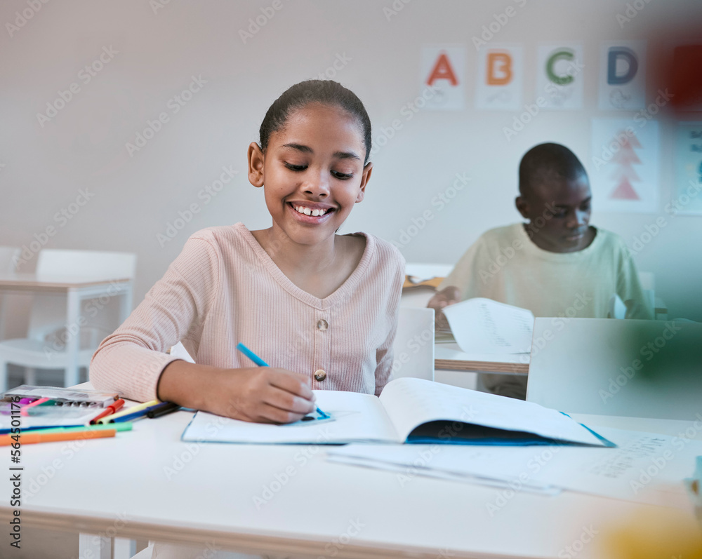 Education, smile and child in classroom learning reading, writing and math in Montessori school in New York. Books, students and happy girl at kid desk in class with notebook studying for future exam Education, smile and child in classroom learning reading, writing and math in Montessori school in New York. Books, students and happy girl at kid desk in class with notebook studying for future exam