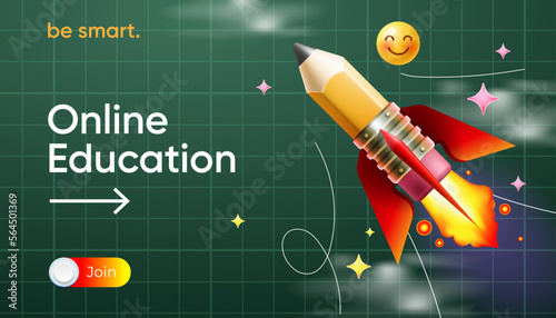 Online education, e-learning. Flying pencil rocket on green chalkboard with checkered pattern. Back to school web banner for start up concept, website and landing page