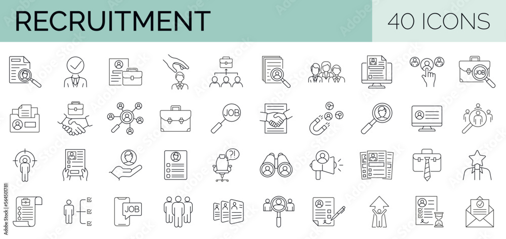 Set of 40 headhunting, recruitment , HR, Hiring web icons in line style. Editable stroke collection. Vector illustration. Set of 40 headhunting, recruitment , HR, Hiring web icons in line style. Editable stroke collection. Vector illustration.