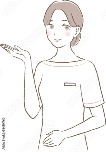 こちらにポーズをする優しい雰囲気の女性のイラスト（美容・医療・受付・アドバイザー）