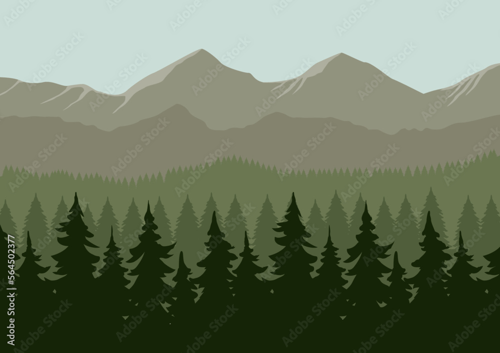 Fototapeta premium Mountain landscape with coniferous forest in flat style. Vector illustration.