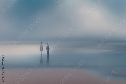 Silhouettes of two persons walking on a beach under the rain, generative ai illustration, very soft pastel colors