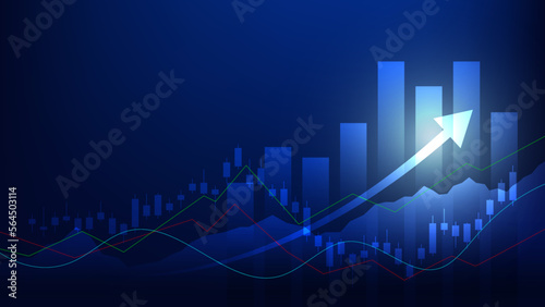 Financial business statistics with bar graph and candlestick chart show stock market price and effective earning on blue background