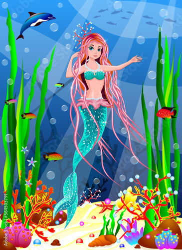 Mermaid among the inhabitants of the underwater world. Mermaid underwater against the backdrop of marine plants, corals, and pearls. Near beautiful fish and dolphins