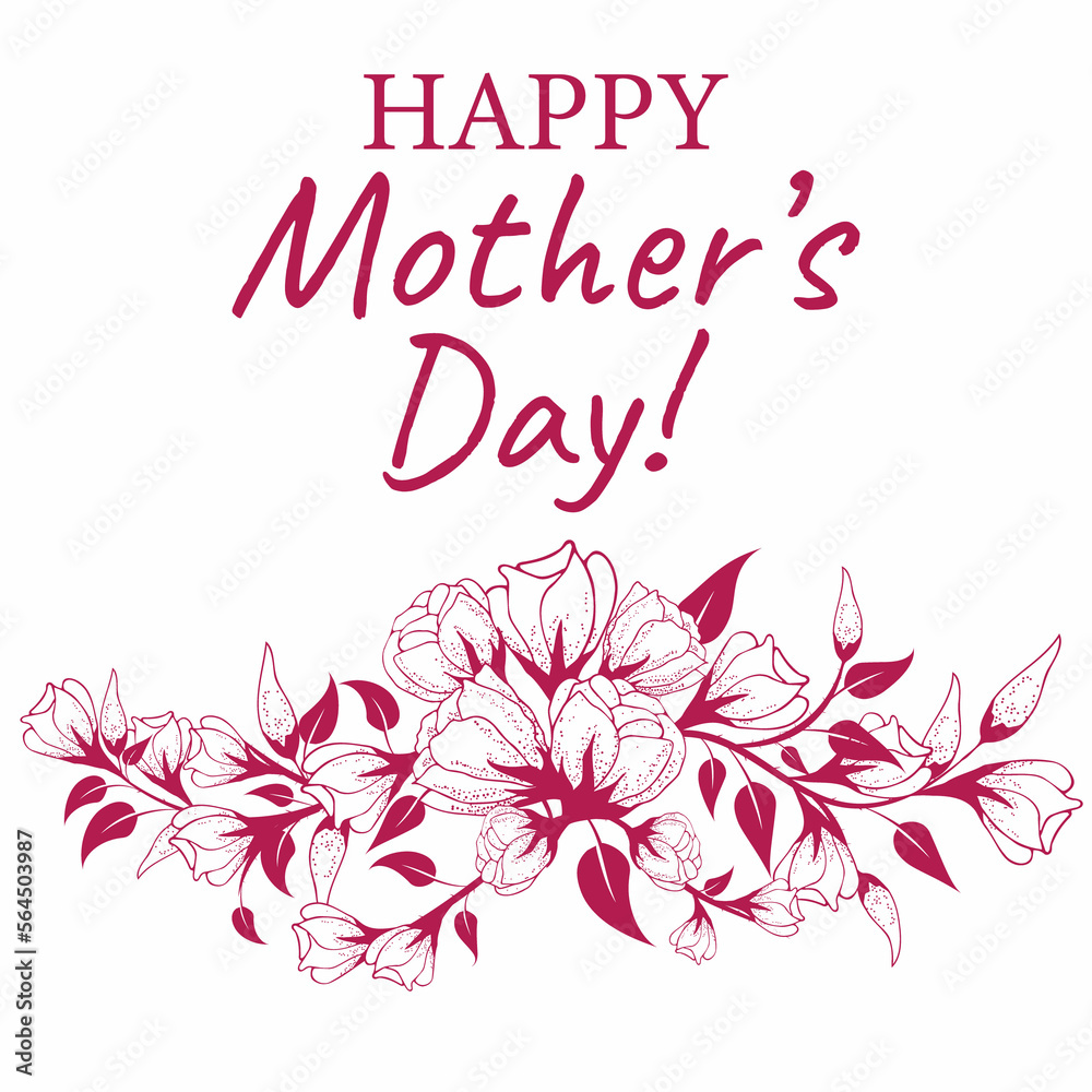 Floral greeting, card with Mother's Day, Women's Day. Hand drawn flowers, branches and buds Floral greeting, card with Mother's Day, Women's Day. Hand drawn flowers, branches and buds
