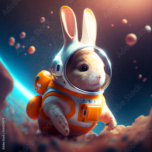 Funny Rabbit wear space suit floating in the space generative ai illustration