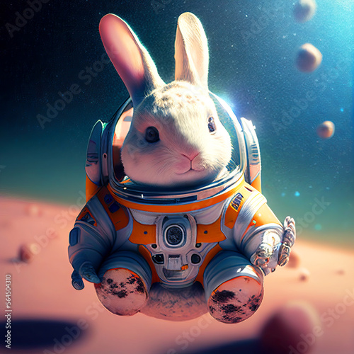 Funny Rabbit wear space suit floating in the space generative ai illustration