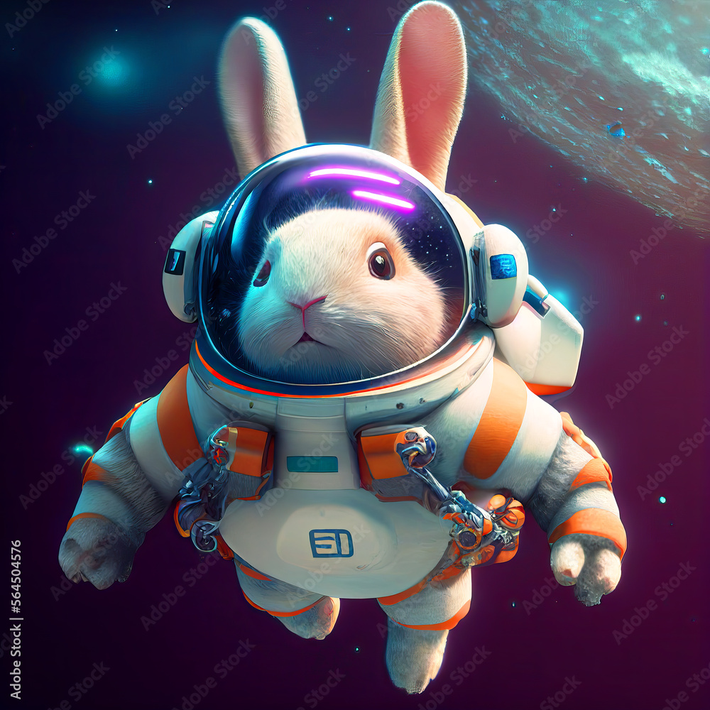 Funny Rabbit wear space suit floating in the space generative ai ...