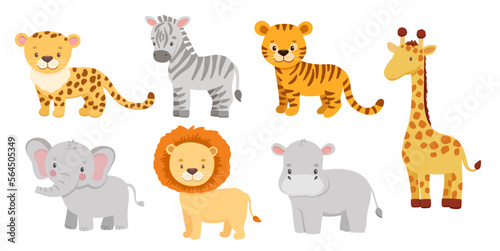 Cute elephant  tiger  lion  zebra and hippo in cartoon style. Drawing african baby wild animals isolated on white background. Jungle safari animals set