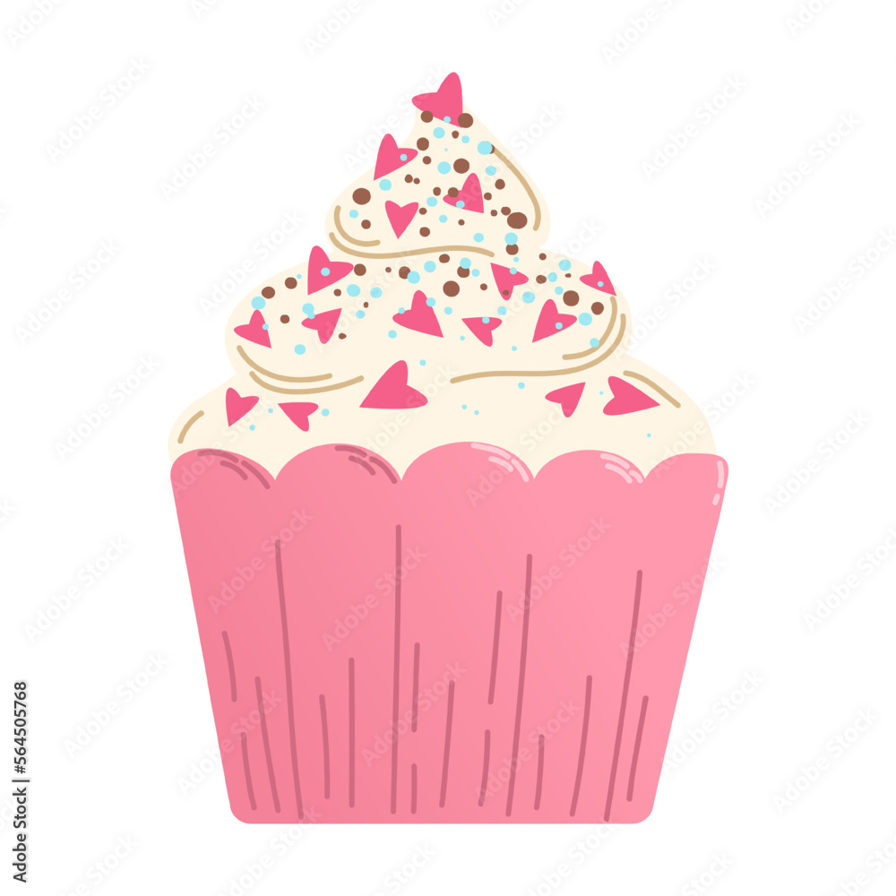 Hand drawn cupcake with pink hearts in flat style.