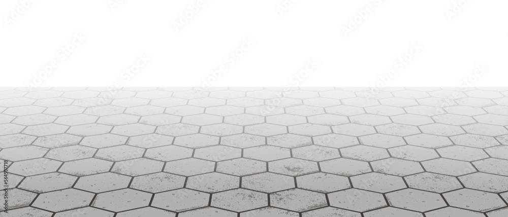 Vanishing perspective concrete honeycomb block pavement vector background with texture. Tile floor surface. City street road or walkway with grid stone pattern. Patio exterior. Panoramic landscape