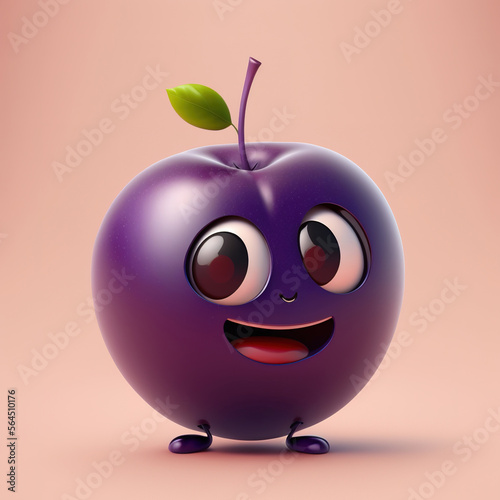 Cute Happy Plum Character Cartoon 3D. Generative AI
