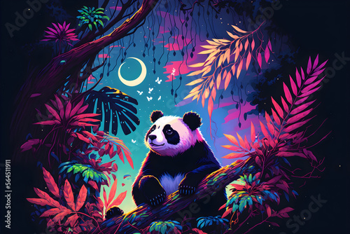 Canvas Print Panda looking upward from  tree canopy branch in jungle on a moonlit night