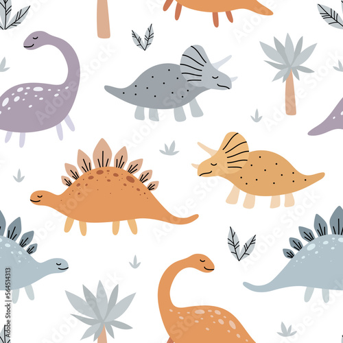 Cute dinosaurs and tropical plants. Funny cartoon dino seamless pattern. Hand drawn doodle design for kids. Vector background.