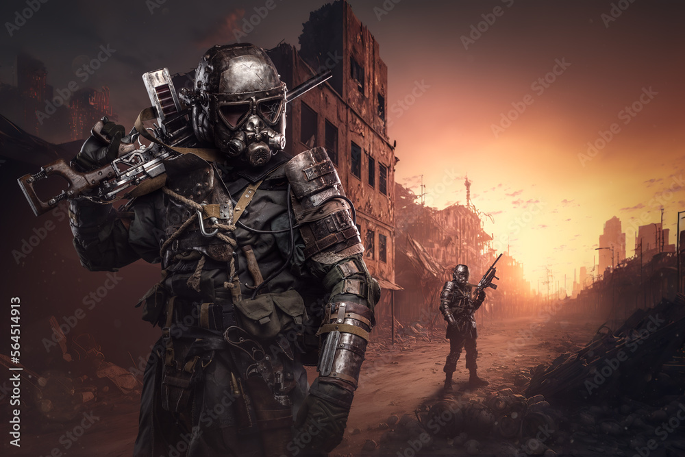 Portrait of two soldiers survived after atomic war in ruins of destroyed city. Portrait of two soldiers survived after atomic war in ruins of destroyed city.