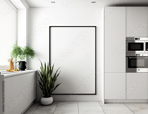 empty picture frame hanging on wall idea for mock up background  minimalism interior design kitchen  Generative Ai