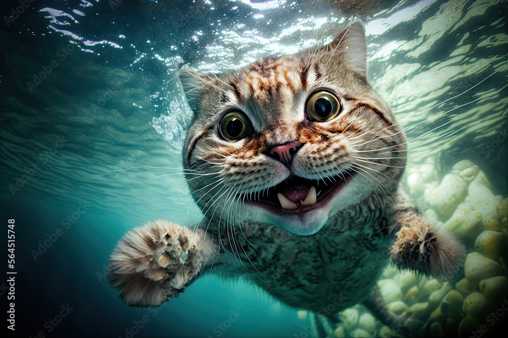 closeup wide angle underwater photo from a cute smiling cat, ai art, illustration, underwater photography closeup wide angle underwater photo from a cute smiling cat, ai art, illustration, underwater photography