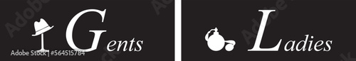 Toilet line icon set. WC sign. Gents, ladies symbol. Restroom for male, female. Vector graphics. Retro style. White on black background