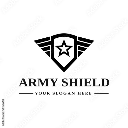 Army shield vector template logo. High quality design with wing or star symbol. Can be used for emblem.