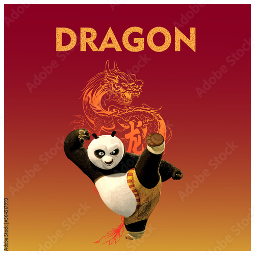 Fototapet Year of dragon Kung Fu Panda Statue with dragon Illustration