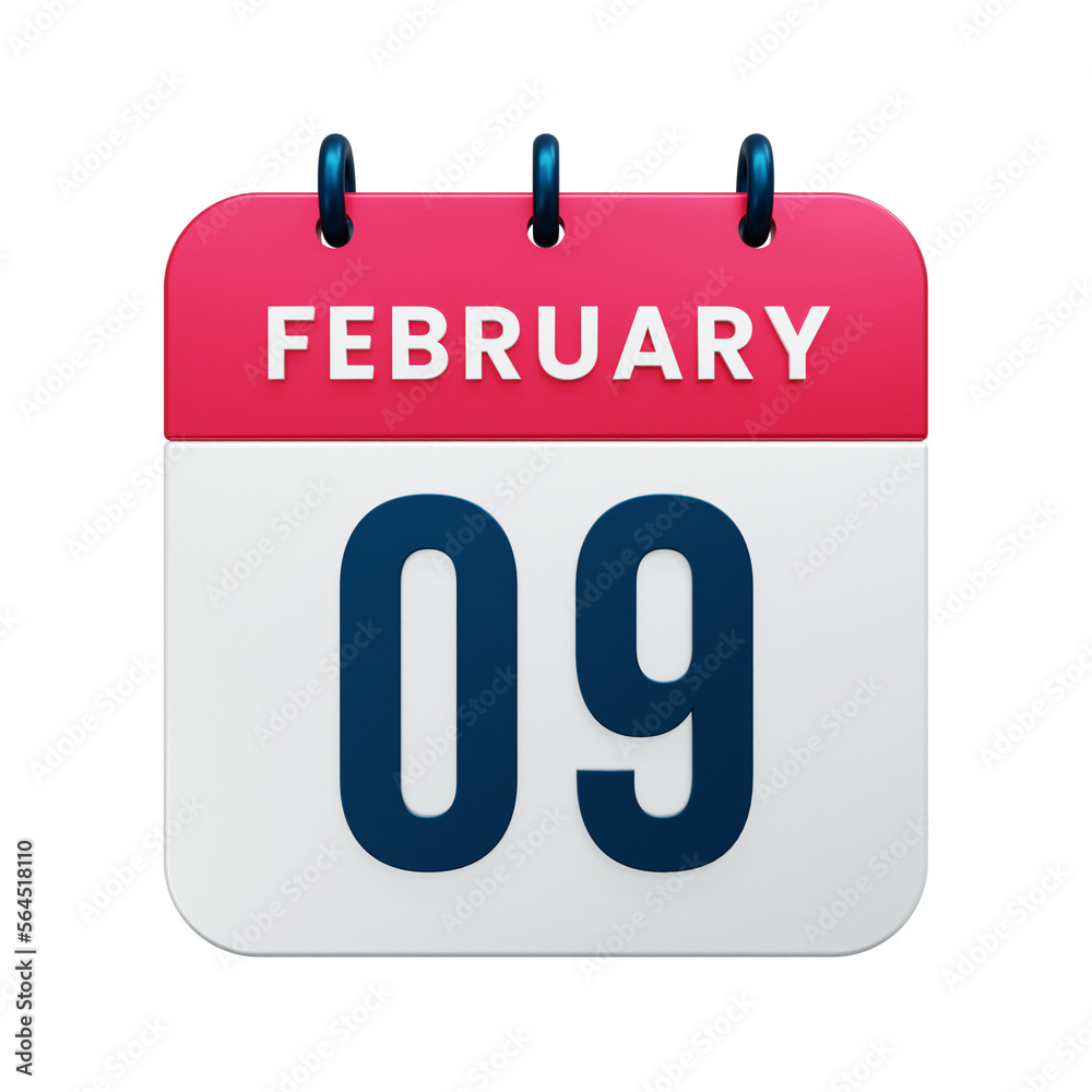 February Realistic Calendar Icon 3D Illustration Date February 09 February Realistic Calendar Icon 3D Illustration Date February 09