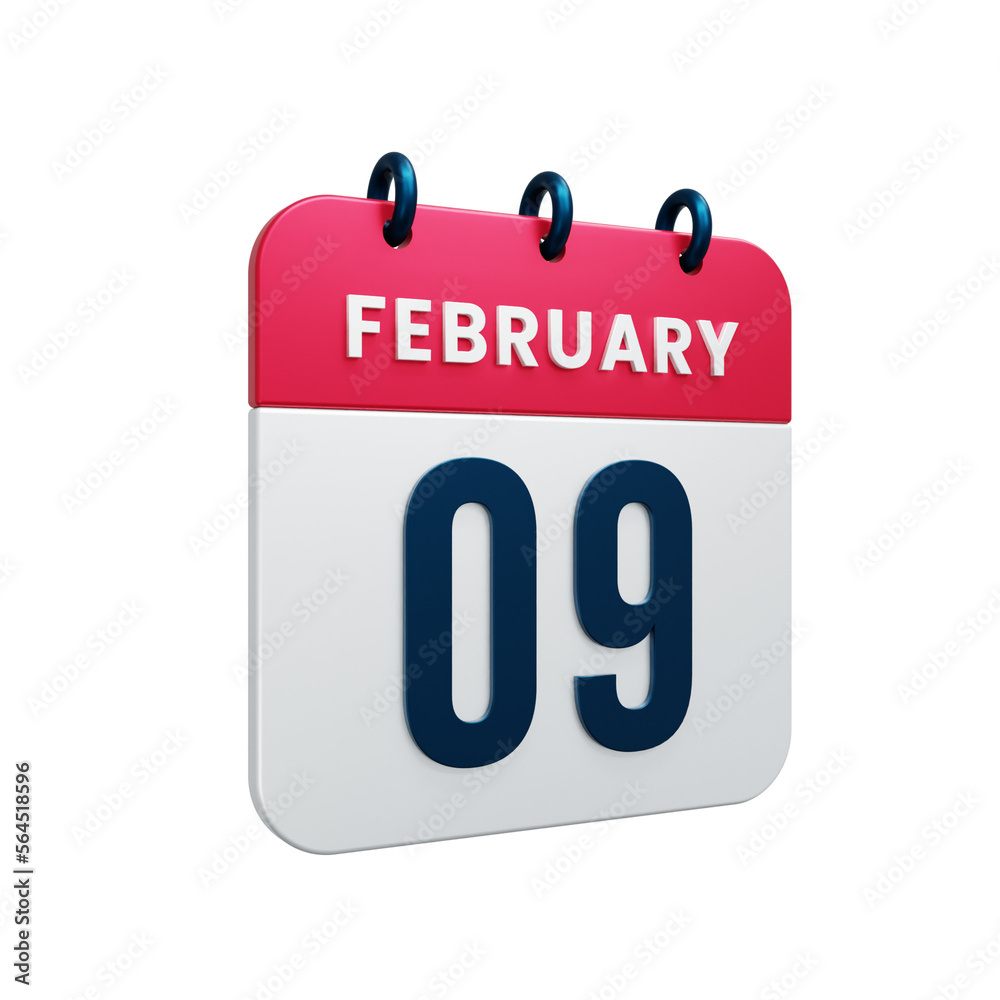 February Realistic Calendar Icon 3D Illustration Date February 09 February Realistic Calendar Icon 3D Illustration Date February 09
