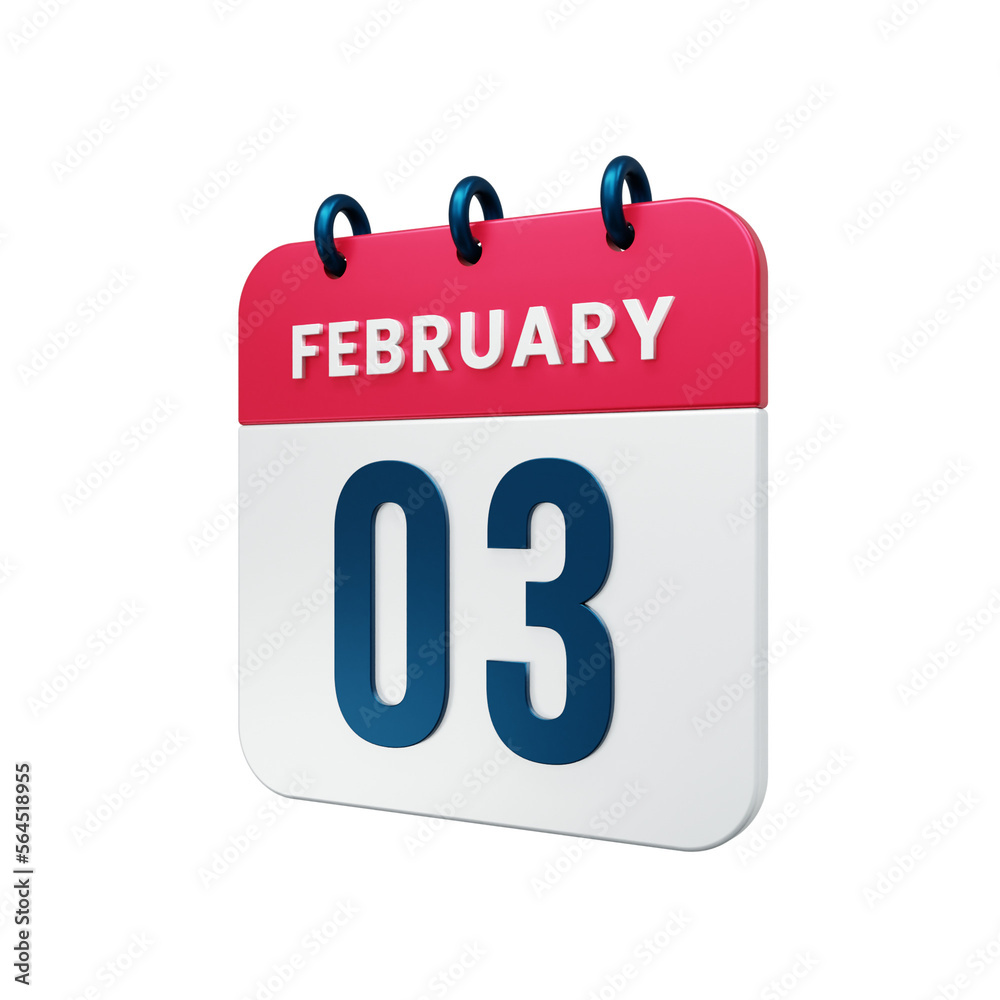 February Realistic Calendar Icon 3D Illustration Date February 03 February Realistic Calendar Icon 3D Illustration Date February 03