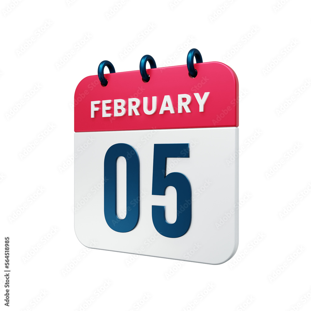 February Realistic Calendar Icon 3D Illustration Date February 05 February Realistic Calendar Icon 3D Illustration Date February 05