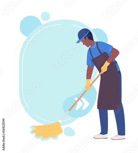 Housekeeper mopping floor quote textbox with flat character. Household chores. Cleaning business. Speech bubble with editable cartoon illustration. Creative quotation isolated on white background