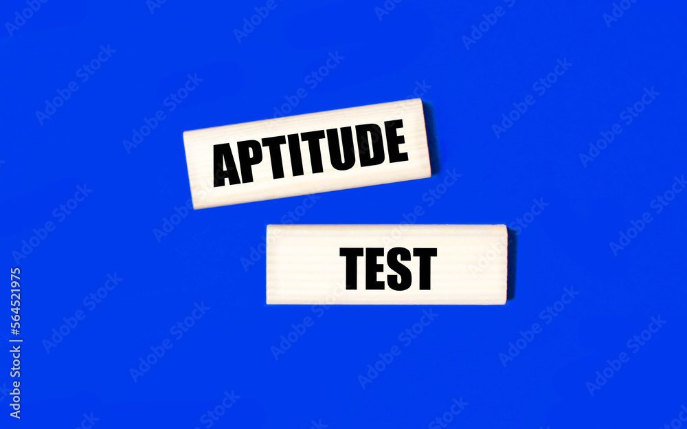 Two wooden blocks with the text APTITUDE TEST on a blue background. Copy space Two wooden blocks with the text APTITUDE TEST on a blue background. Copy space