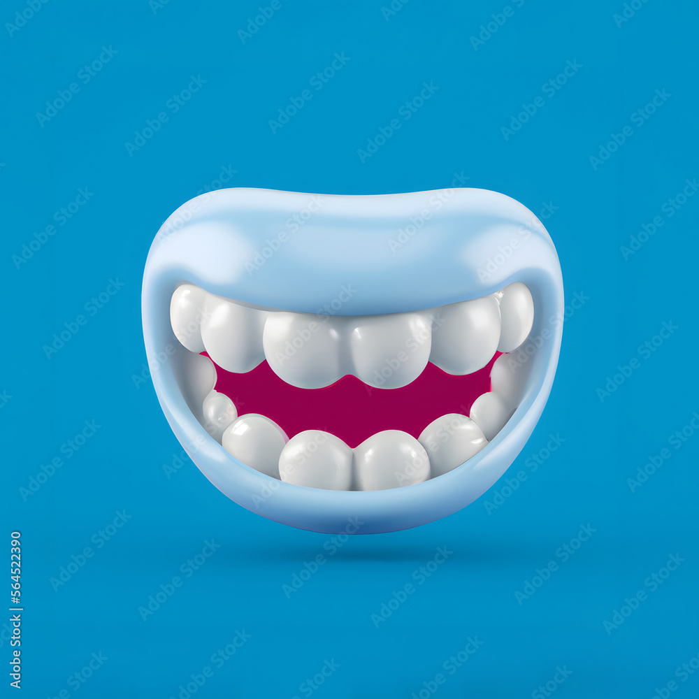 Cute smiling denture emoji character on a blue background, generative ai Cute smiling denture emoji character on a blue background, generative ai