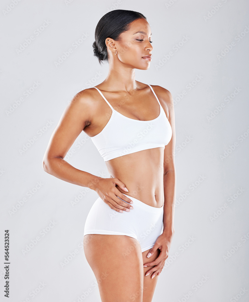 Obraz premium Body, woman profile and underwear with skin, fitness with health and wellness isolated on studio background. Diet, cellulite and exercise, healthy lifestyle mockup with weightloss and nutrition