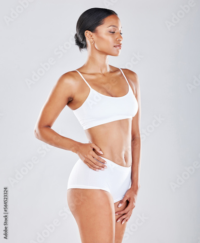 Body, woman profile and underwear with skin, fitness with health and wellness isolated on studio background. Diet, cellulite and exercise, healthy lifestyle mockup with weightloss and nutrition