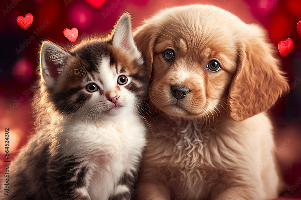 Obraz premium Cute kitten & puppy surrounded with hearts made by generative ai