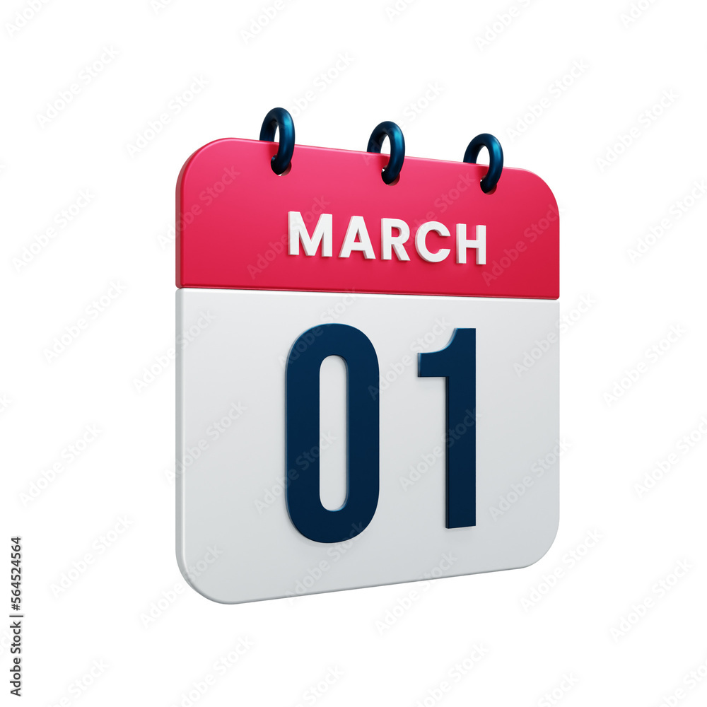 March Realistic Calendar Icon 3D Illustration Date March 01 March Realistic Calendar Icon 3D Illustration Date March 01